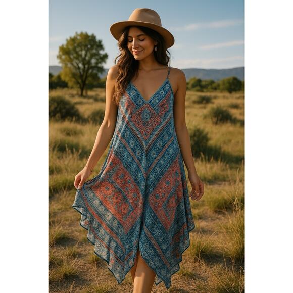 John Paul Richard Colorful Boho Midi Maxi V-Neck Handkerchief Kaftan Large Dress - Picture 1 of 11